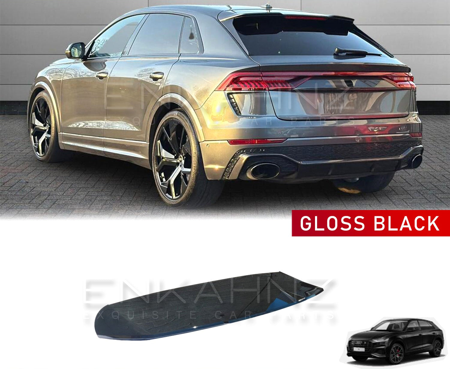 Gloss black rear roof spoiler for Audi RSQ8 2018+ with Enkahnz branding.