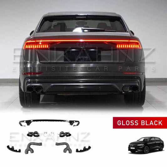 Rear 3/4 view of grey Audi Q8 2018+ showcasing Enkahnz rear exhaust kit; product thumbnails listed along the bottom of the advert