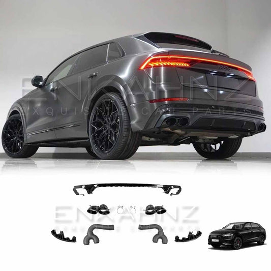 Rear lower quarter angle of grey Audi Q8 2018+ highlighting Enkahnz rear exhaust kit detail; product images displayed at the bottom.