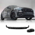 Load image into Gallery viewer, Front lower quarter angle of Audi Q8 2018+ featuring Enkahnz front lip splitter; matching product shot positioned along the bottom.
