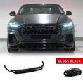 Load image into Gallery viewer, Front low, forward-facing angle of Audi Q8 2018+ with Enkahnz front lip splitter prominently fitted; product image shown at the bottom.
