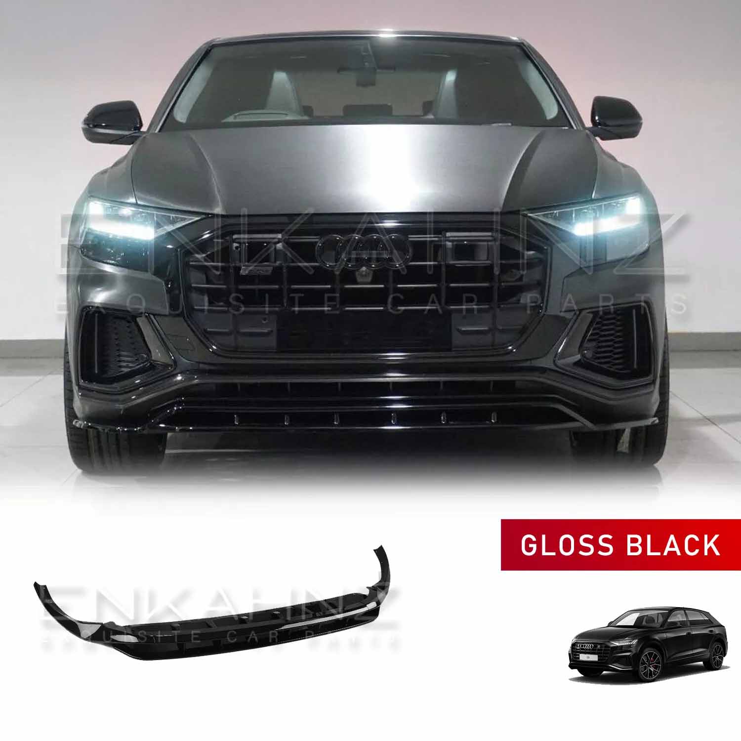 Front low, forward-facing angle of Audi Q8 2018+ with Enkahnz front lip splitter prominently fitted; product image shown at the bottom.