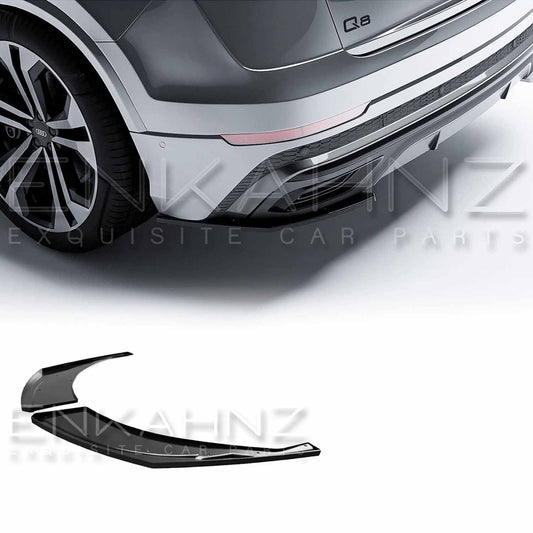 Close-up of an Enkahnz rear bumper corner styling accessory in gloss black, fitted on a grey Audi Q8 to enhance its appearance