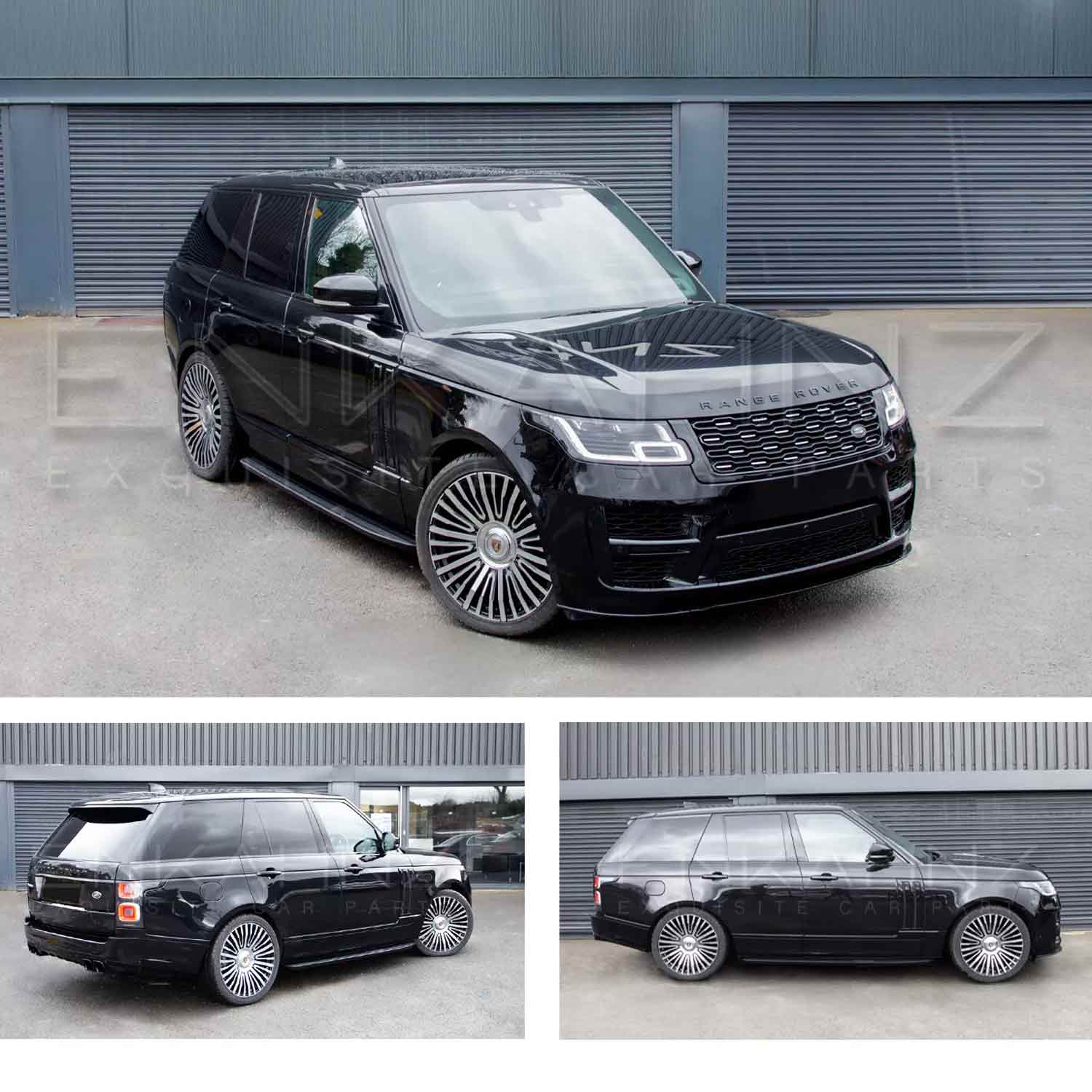 Black Range Rover L405 2018-2022, fitted with SVO style bodykit, three different angles shot outside the Enkahnz HQ. Fitted with Barugzai Casanova 22" alloy wheels in Gloss Black Polished Face