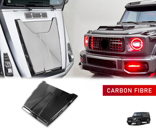 Top View and Front Quarter View of a BONNET FOR MERCEDES G WAGON G-CLASS G63 W464 2018-2025. The item is highlighted in the bottom with a white background. 