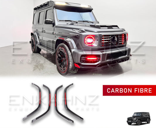 BARUGZAI WHEEL ARCHES FOR MERCEDES G WAGON G-CLASS G63 W464 2018-2025 In a garage setting with the product in the bottom with a white background. 
