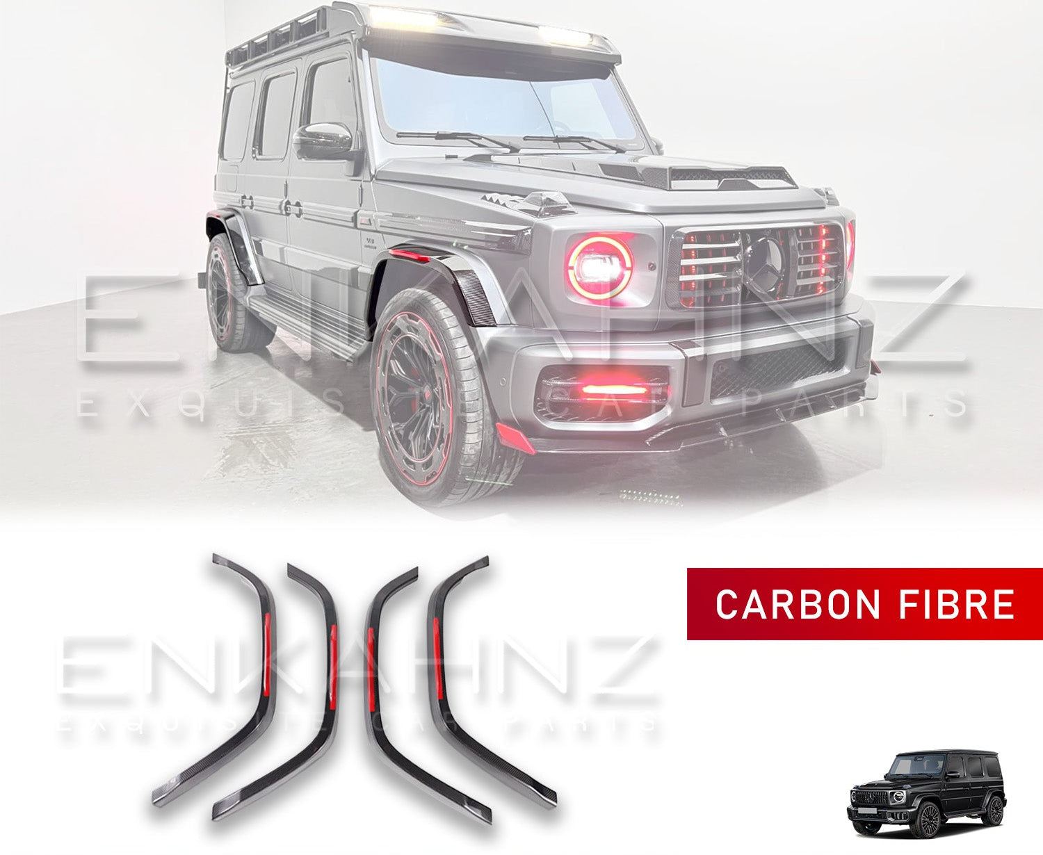 BARUGZAI WHEEL ARCHES FOR MERCEDES G WAGON G-CLASS G63 W464 2018-2025 In an opaque white garage setting with the product also in the bottom with a white background. 