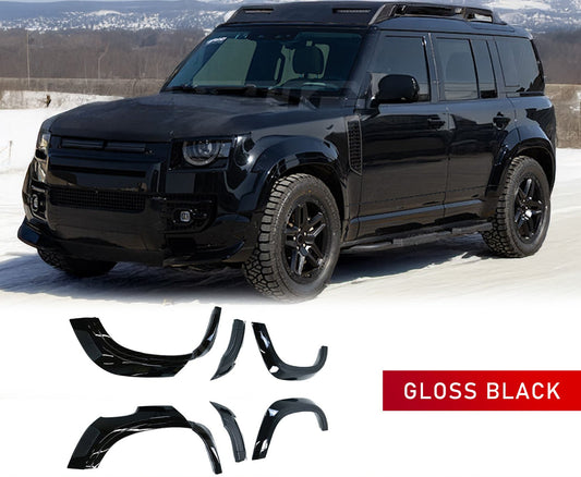 BARUGZAI WIDETRUCK WHEEL ARCHES GLOSS BLACK FOR DEFENDER 110 L663 2020 in a winter setting. The Wheel arches are in the bottom of the advert with a white background. 