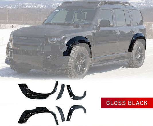 BARUGZAI WIDETRUCK WHEEL ARCHES GLOSS BLACK FOR DEFENDER 110 L663 2020 in a winter setting with an opaque white background. The Wheel arches are in the bottom of the advert with a white background.
