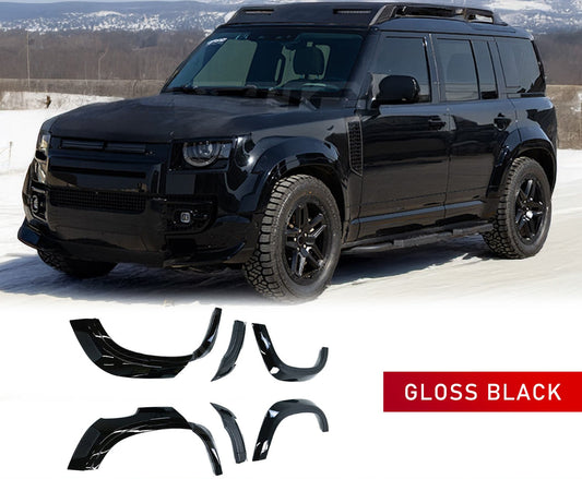 BARUGZAI WIDETRUCK WHEEL ARCHES GLOSS BLACK FOR DEFENDER 110 L663 2020 in a winter setting. The Wheel arches are in the bottom of the advert with a white background.