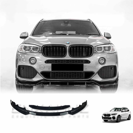 Silver BMW with ENKAHNZ Bodykit fit for the F15 facing front with white backdrop and the product at the bottom.
