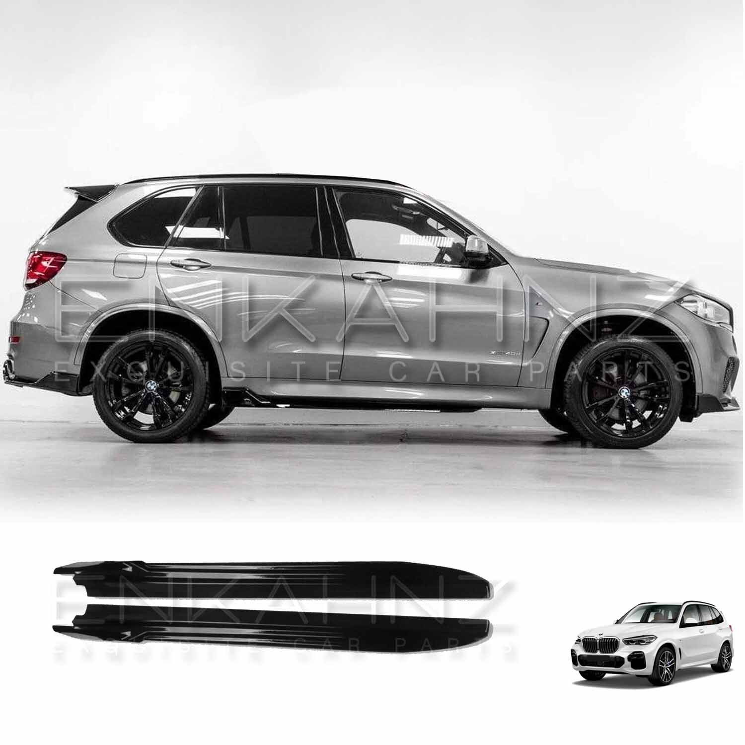 Silver BMW with ENKAHNZ Bodykit fitted with F15 bodykit facing side ways with the side skirts visible at the bottom.