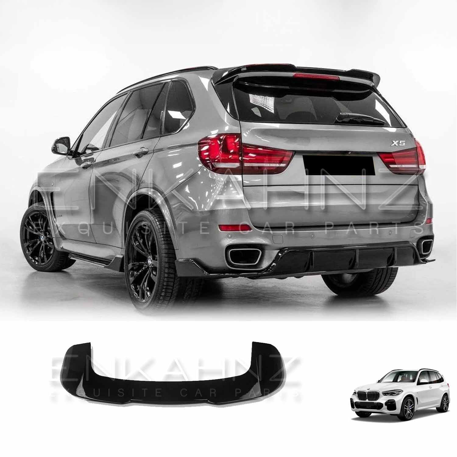 Silver MW facing rear with Roof Spoiler visible fitted with ENKAHNZ bodykit on white backdrop with product at the bottom