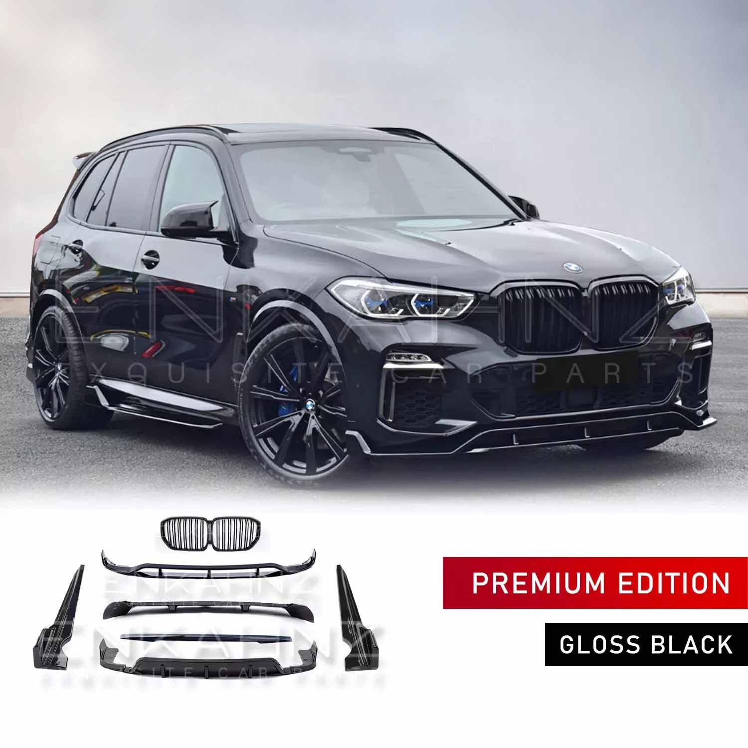 Black BMW G05 SUV with car parts and 'Premium Edition Gloss Black' text on a white background, showcasing the parts in the bottom with a white background. 