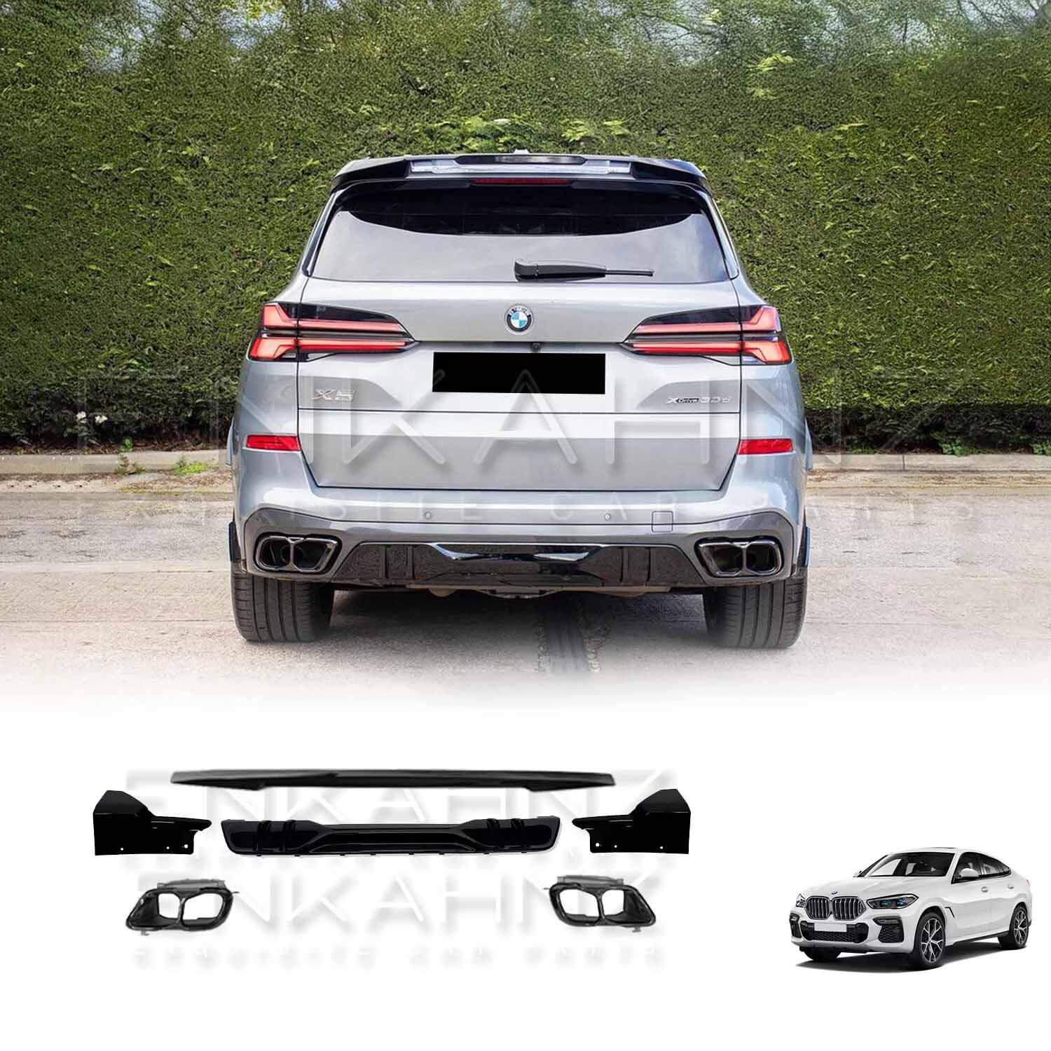 Rear angle of a BMW with ENKAHNZ LCI roof spoiler, rear bumper cover, and quad exhaust tips, emphasizing the bold bodykit upgrades.