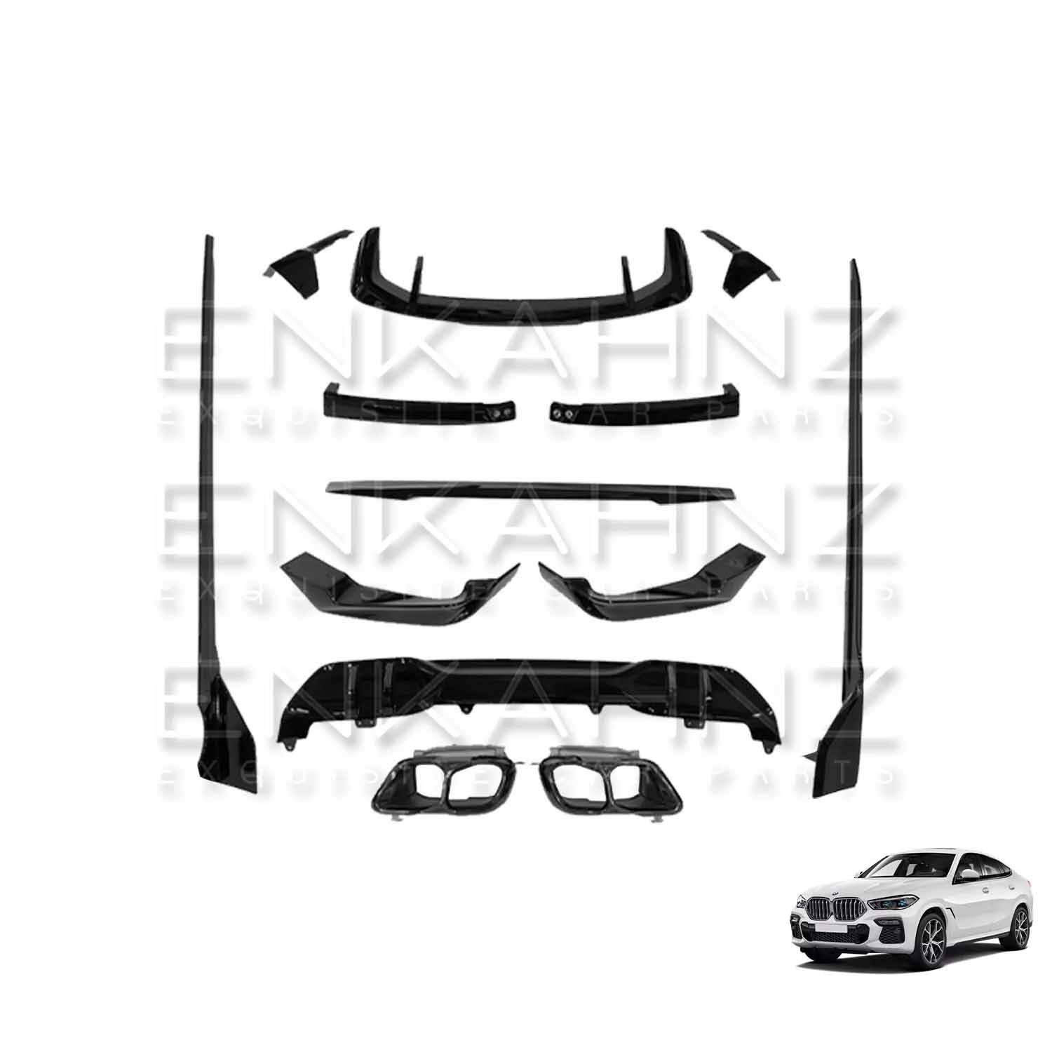 All components of the ENKAHNZ LCI bodykit for BMW displayed on a white backdrop, showing front splitter, side skirts, rear diffuser, and spoiler.