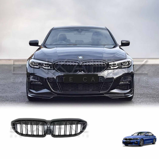 Front view of a black BMW 3 Series G20 showcasing the installed ENKAHNZ centre grille, with a close-up product image of the grille displayed at the bottom.