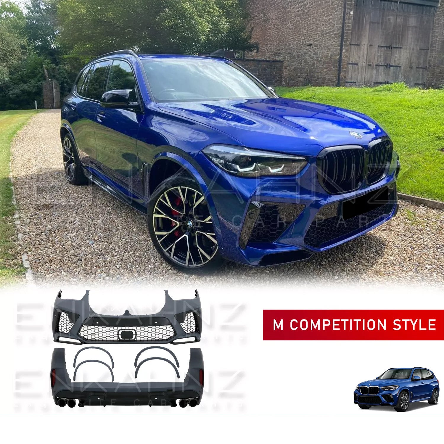 Blue BMW SUV parked outdoors with ENKAHNZ body kit fitted on the car