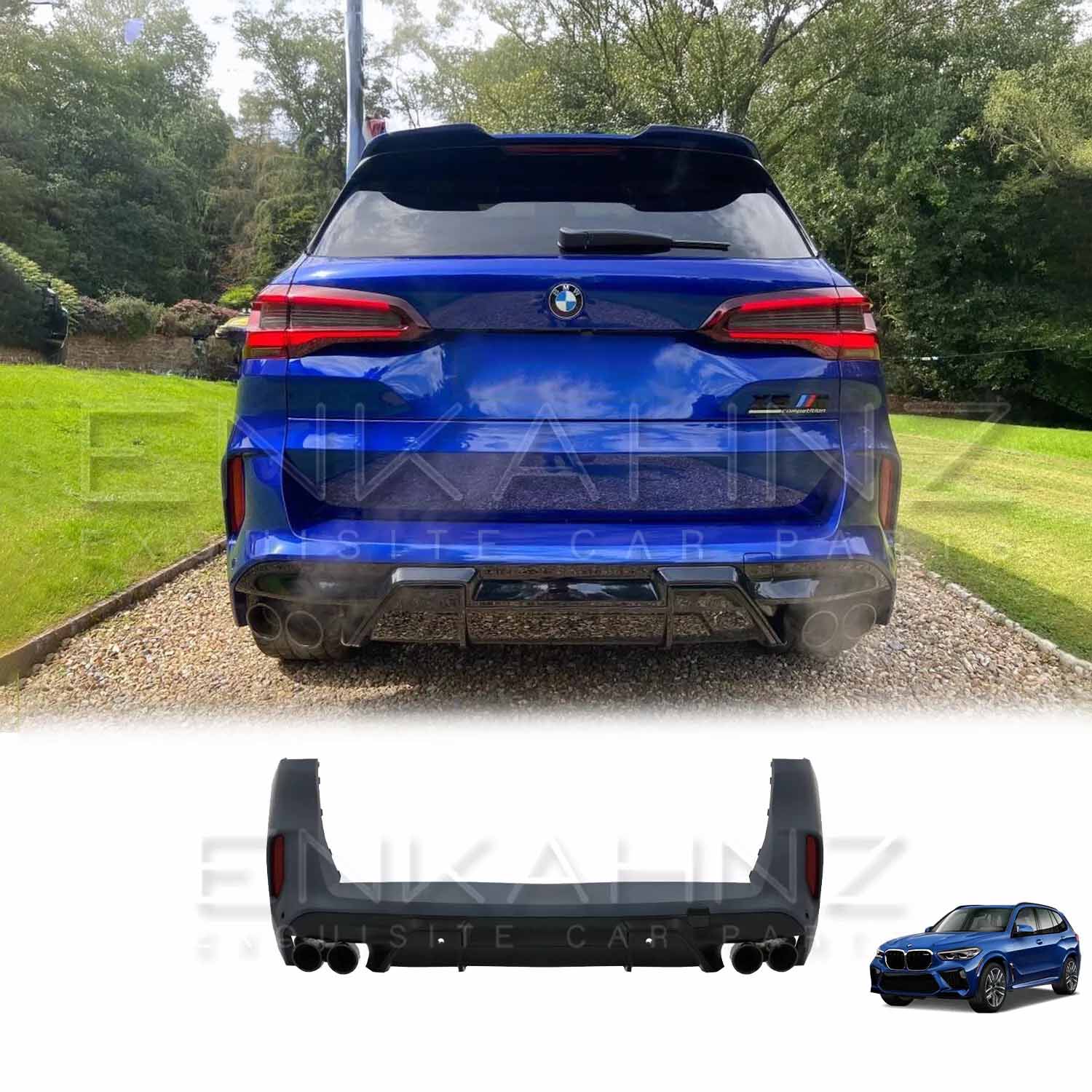 Blue BMW SUV X5M with a car bumper attachment on a gravel path with greenery in the background.