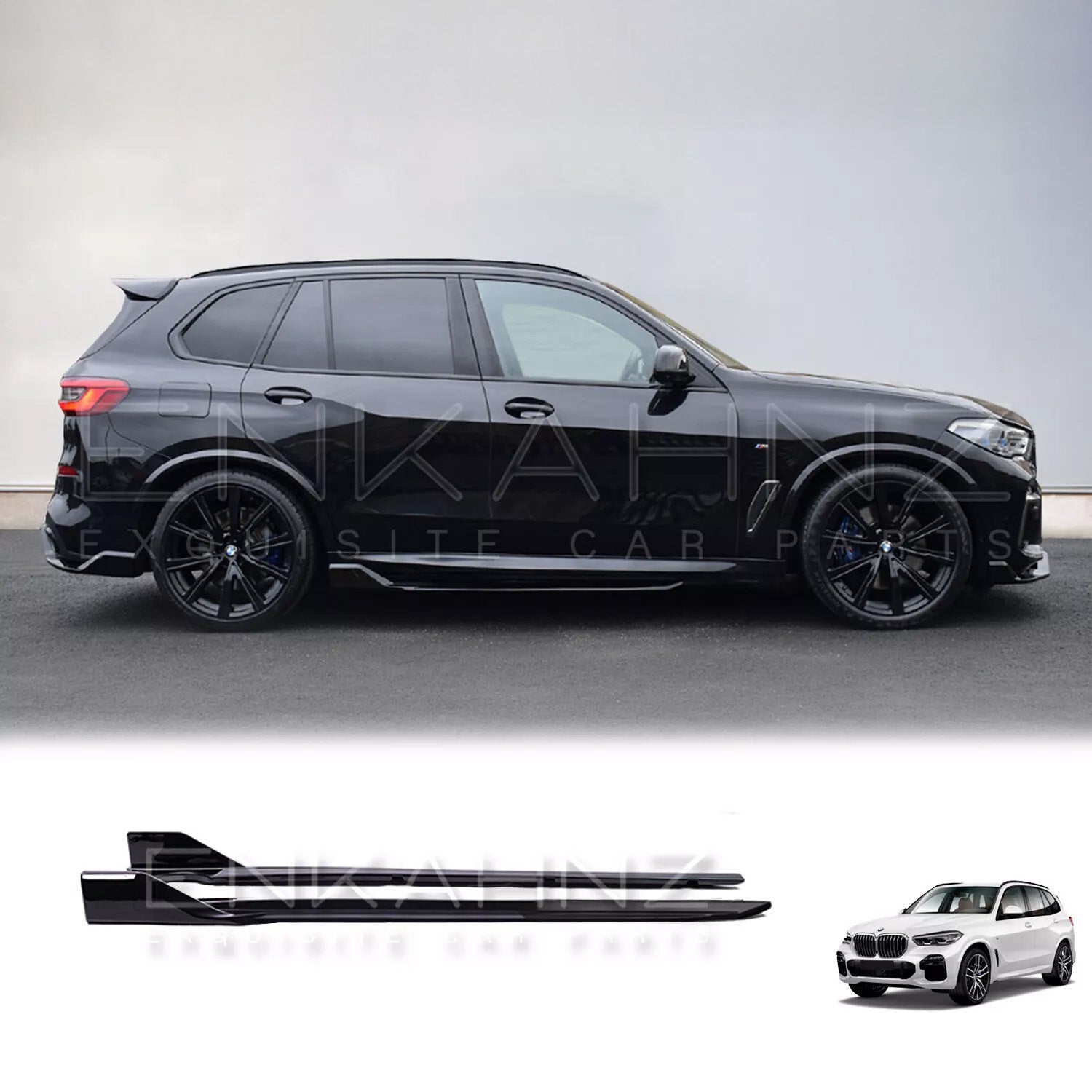 Black BMW x5 fitted with ENKAHNZ side skirts part of g05 bodykit with product at the bottom