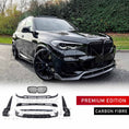 Load image into Gallery viewer, BMW X5 G05 with full carbon fibre bodykit by Enkahnz – front quarter angle showcasing custom front splitter, side skirts, rear diffuser, and roof spoiler in a premium aerodynamic upgrade.
