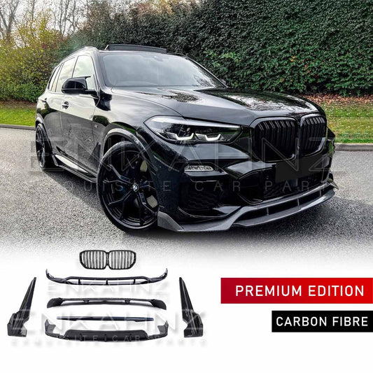 BMW X5 G05 with full carbon fibre bodykit by Enkahnz – front quarter angle showcasing custom front splitter, side skirts, rear diffuser, and roof spoiler in a premium aerodynamic upgrade.