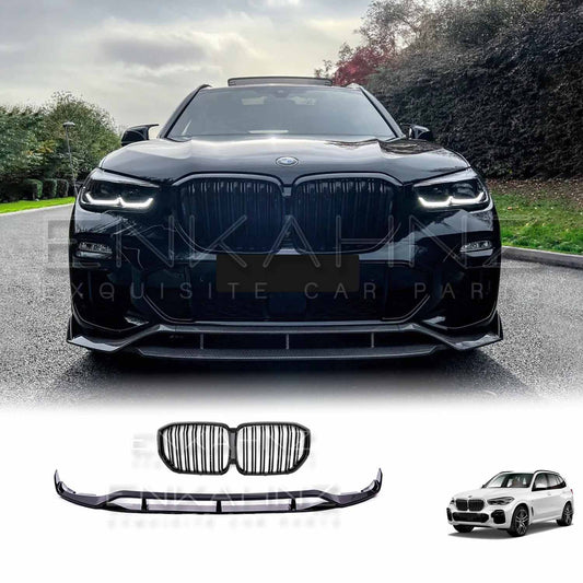 Close-up front view of BMW X5 G05 featuring Enkahnz carbon fibre front splitter and aggressive centre kidney grille design for enhanced performance and sporty styling.