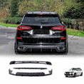 Load image into Gallery viewer, BMW X5 G05 rear side shot highlighting Enkahnz carbon fibre roof spoiler and sculpted rear diffuser for improved aerodynamics and dynamic rear-end aesthetics.

