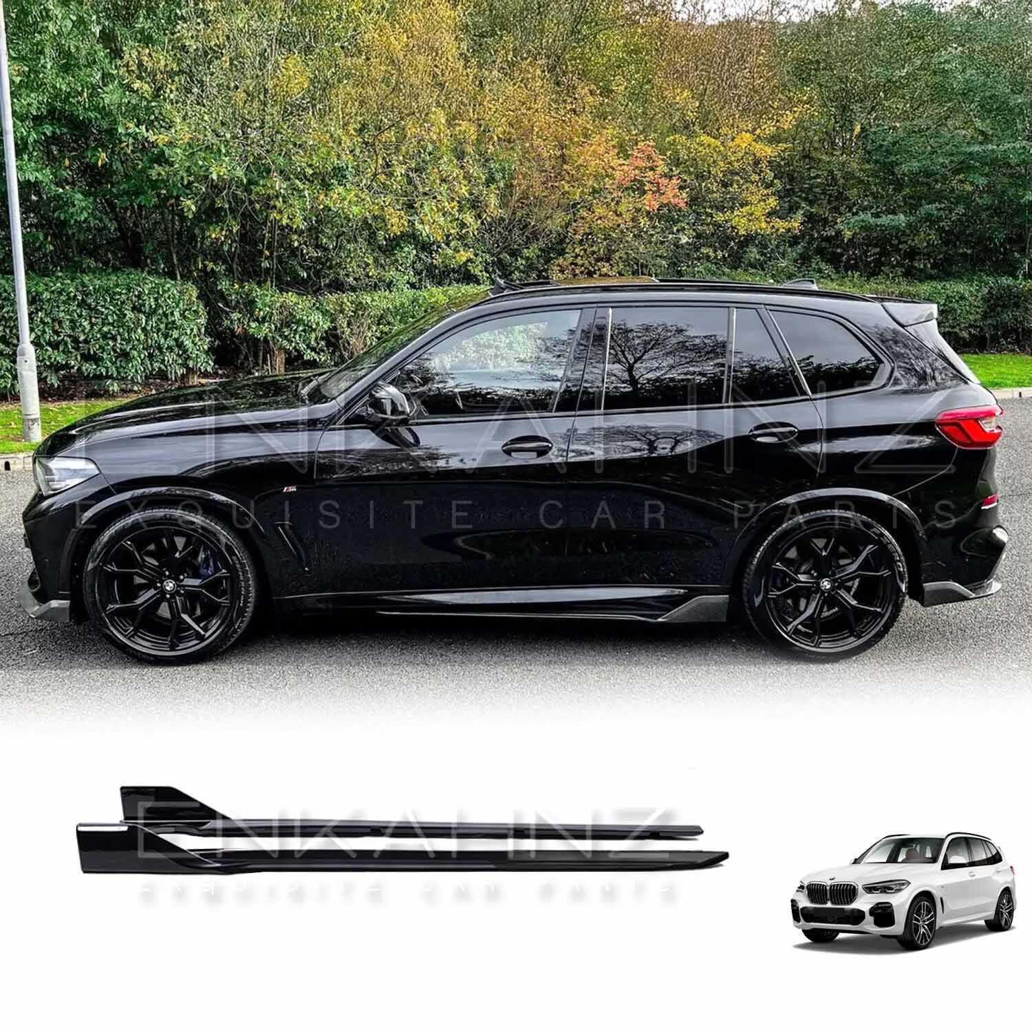 Side profile of BMW X5 G05 equipped with Enkahnz carbon fibre side skirts, enhancing the SUV’s sporty stance and streamlined body lines.