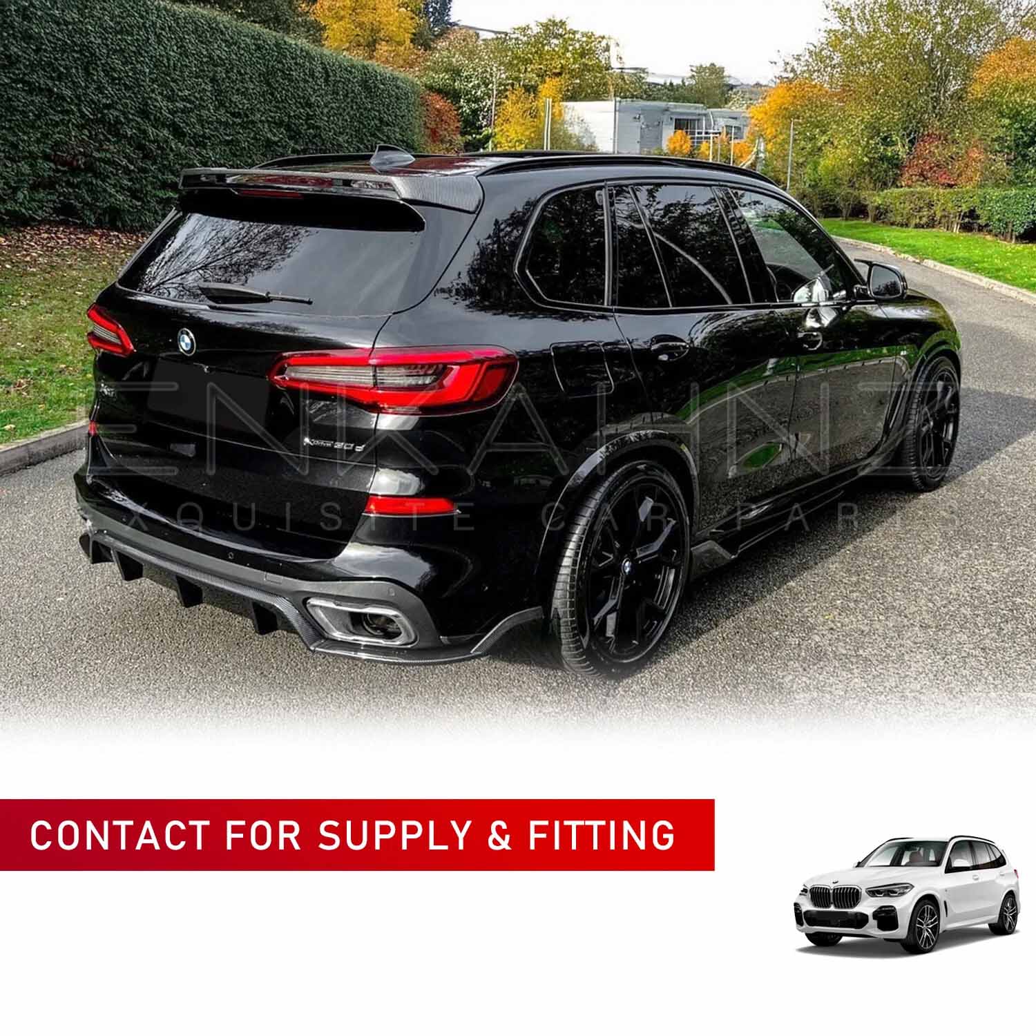 Rear quarter angle of BMW X5 G05 fitted with Enkahnz carbon fibre bodykit, showcasing rear spoiler, diffuser, and bold wheel arches for a performance-driven look.