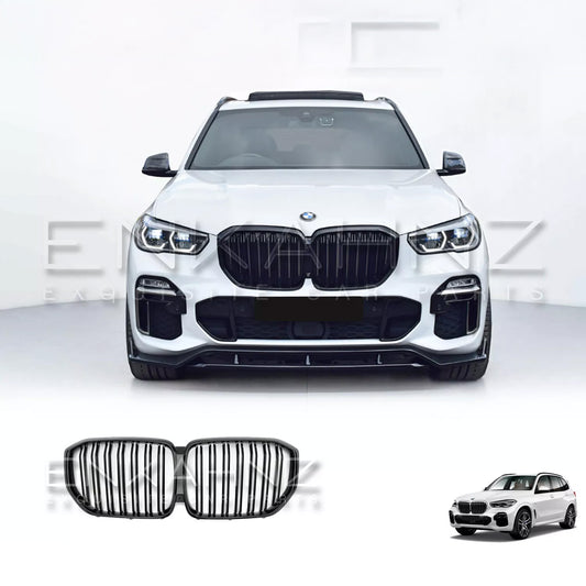 Front facing view of a white BMW X5 G05 with the ENKAHNZ centre kidney grille installed, with a close-up product image of the grille at the bottom.