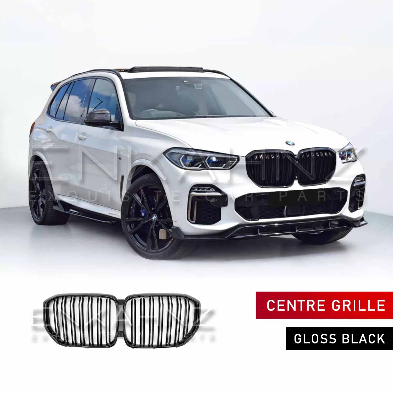 Front quarter view of a white BMW X5 G05 fitted with the ENKAHNZ centre kidney grille, showcasing a bold upgraded front-end appearance.