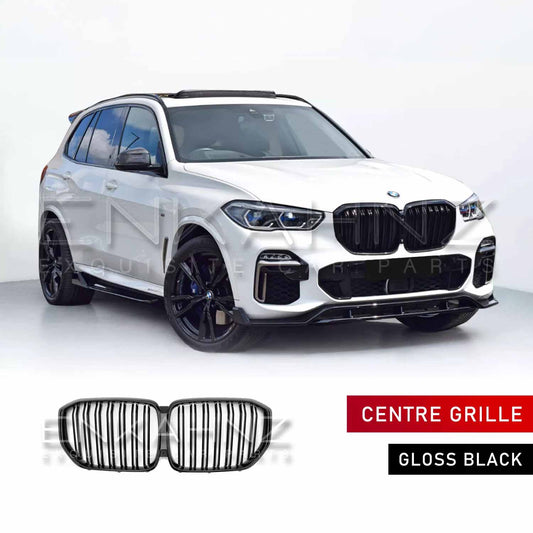 Front quarter view of a white BMW X5 G05 fitted with the ENKAHNZ centre kidney grille, showcasing a bold upgraded front-end appearance.