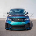 Load image into Gallery viewer, Front angle of turquoise Range Rover Vogue with Barugzai Bison bodykit showing apron, grille mesh and LED signature.
