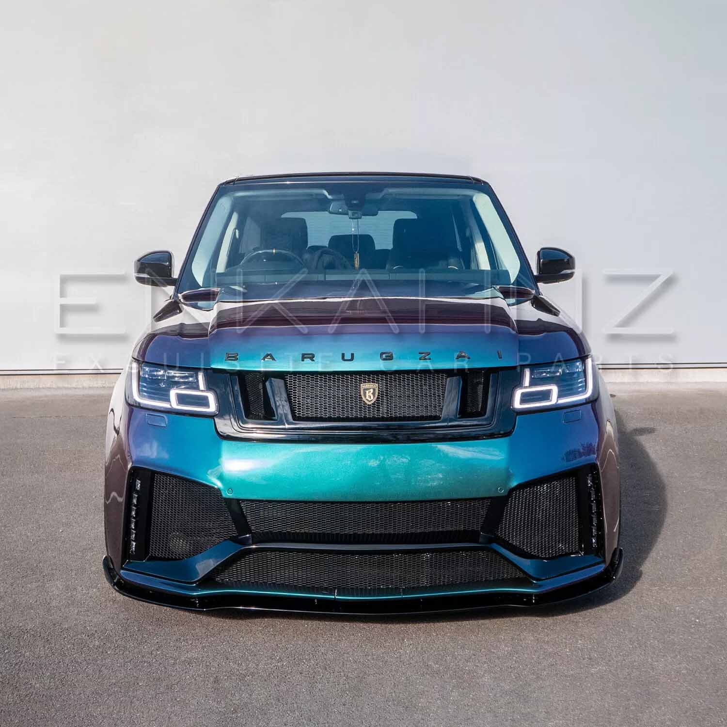 Front angle of turquoise Range Rover Vogue with Barugzai Bison bodykit showing apron, grille mesh and LED signature.