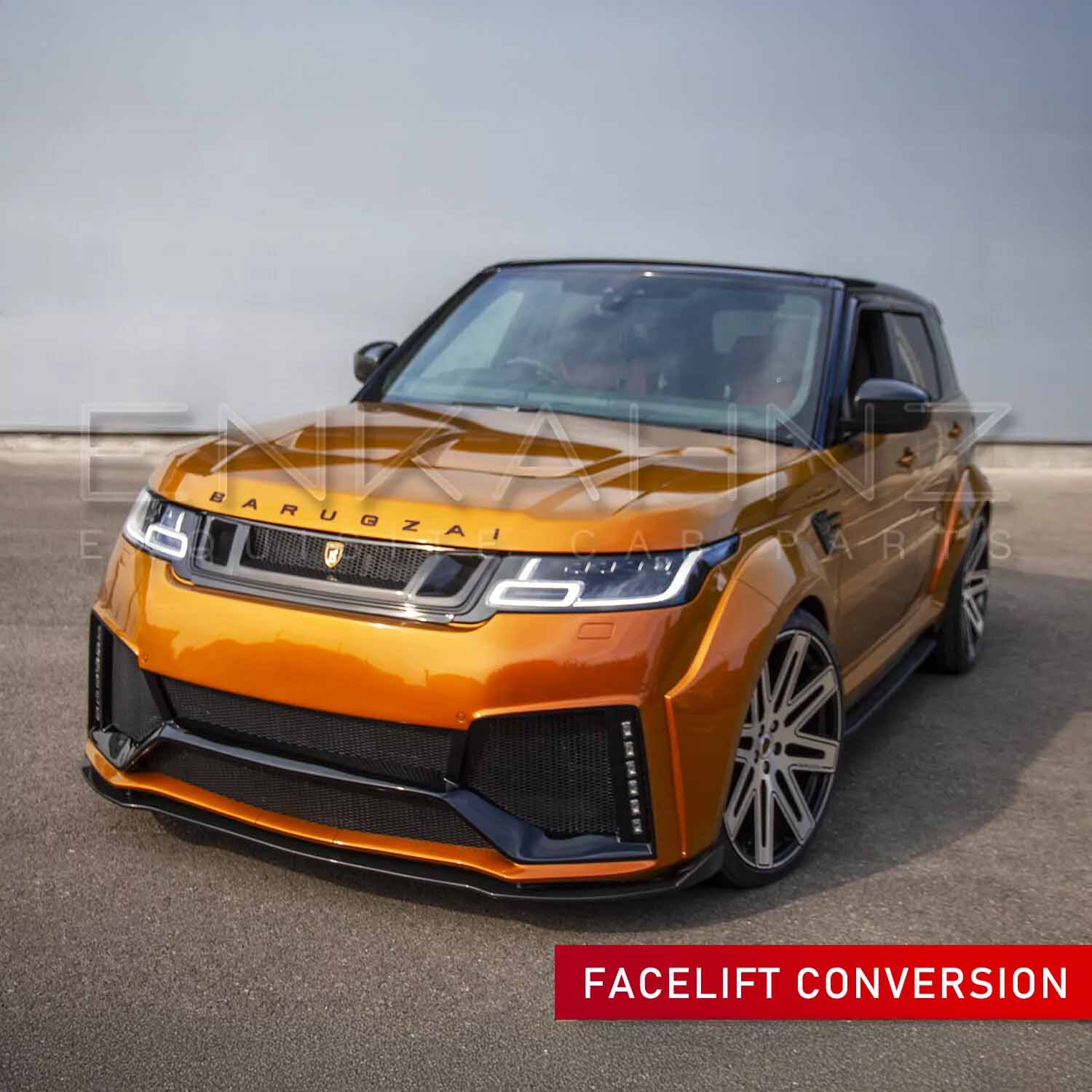 Gloss bright orange Range Rover Sport with Barugzai Cabaro Wide Arch bodykit, front quarter angle showing widened arches and aggressive stance