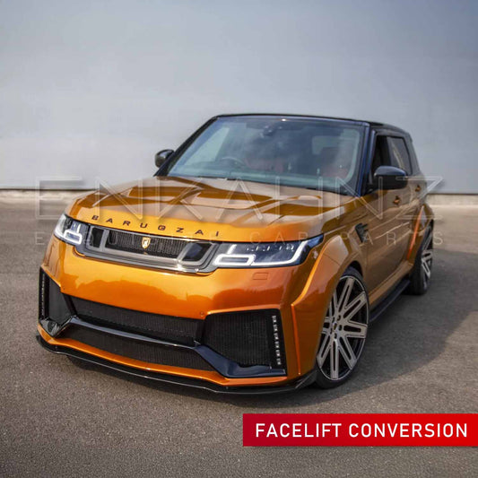 Gloss bright orange Range Rover Sport with Barugzai Cabaro Wide Arch bodykit, front quarter angle showing widened arches and aggressive stance