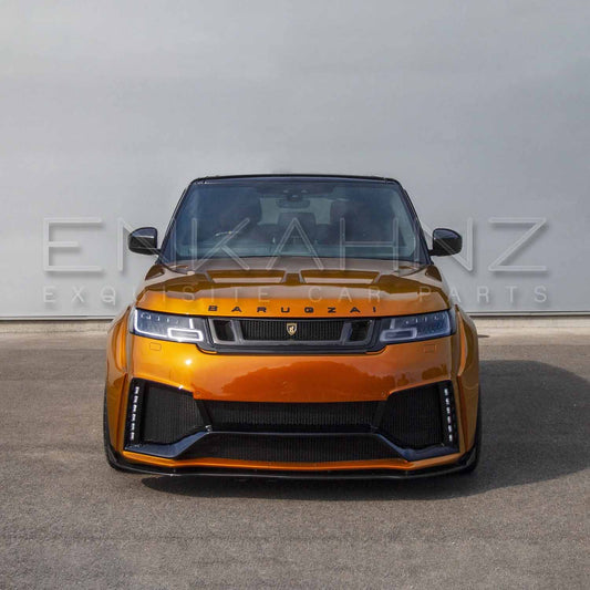 Front angle of orange Range Rover Sport Cabaro Wide Arch, highlighting bumper, grille, splitter and arch extensions.