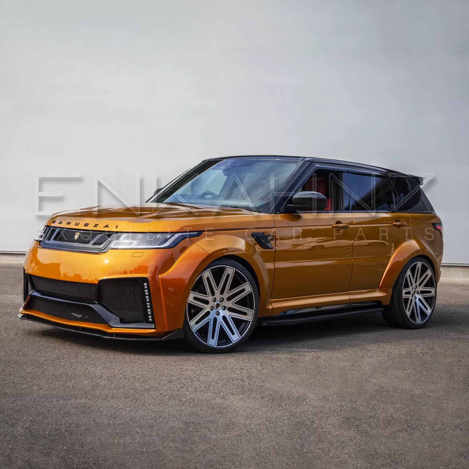 Front quarter angle from afar of orange Range Rover Sport Cabaro Wide Arch, capturing full silhouette and road presence.