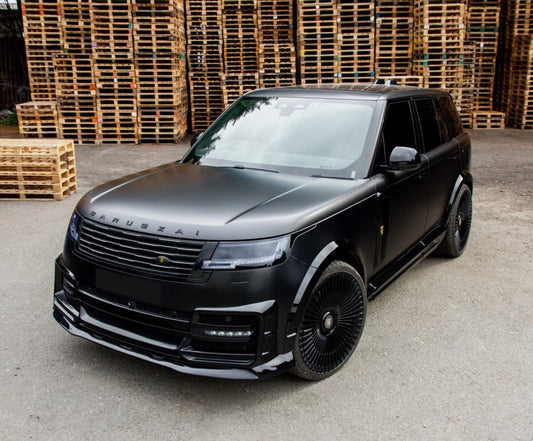 Front Top Quarter profile of Range Rover Vogue L460 2023+ in black featuring Barugzai Nebula bodykit and Vortex wheels on a clean backdrop.