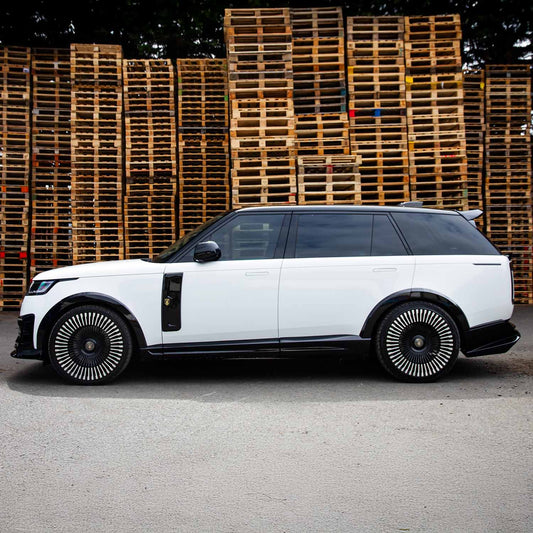 Side profile of Range Rover Vogue L460 2022+ in white and black featuring Barugzai Nebula bodykit and Vortex wheels on a clean backdrop.