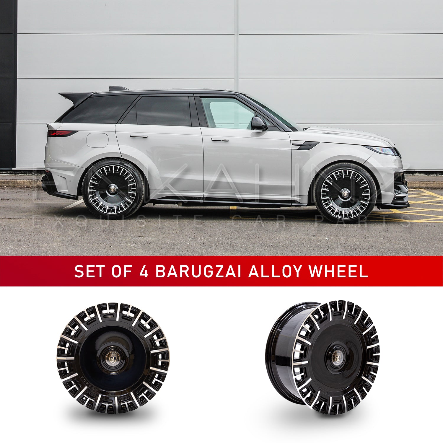 Nardo grey Range Rover Sport 2022+ with Barugzai Raptor bodykit, side angle on Monoblok 23-inch wheels, product thumbnails below.