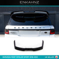 Load image into Gallery viewer, Rear close‑up of white Range Rover Sport L494 facelift showing Barugzai rear roof spoiler and BARUGZAI lettering, product preview at bottom.
