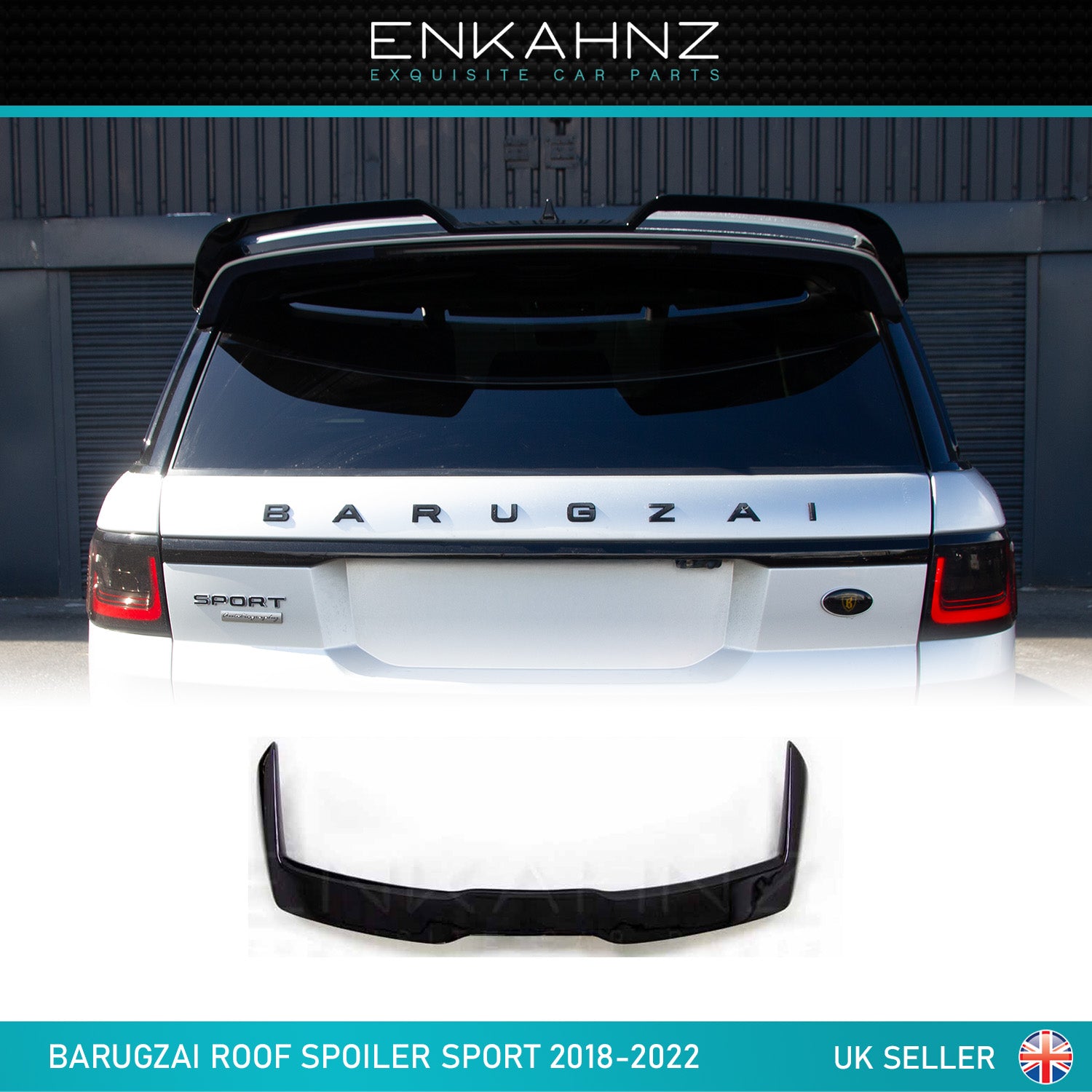 Rear close‑up of white Range Rover Sport L494 facelift showing Barugzai rear roof spoiler and BARUGZAI lettering, product preview at bottom.