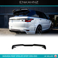 Load image into Gallery viewer, Lower rear quarter angle of white Range Rover Sport L494 facelift highlighting gloss‑black Barugzai rear roof spoiler.
