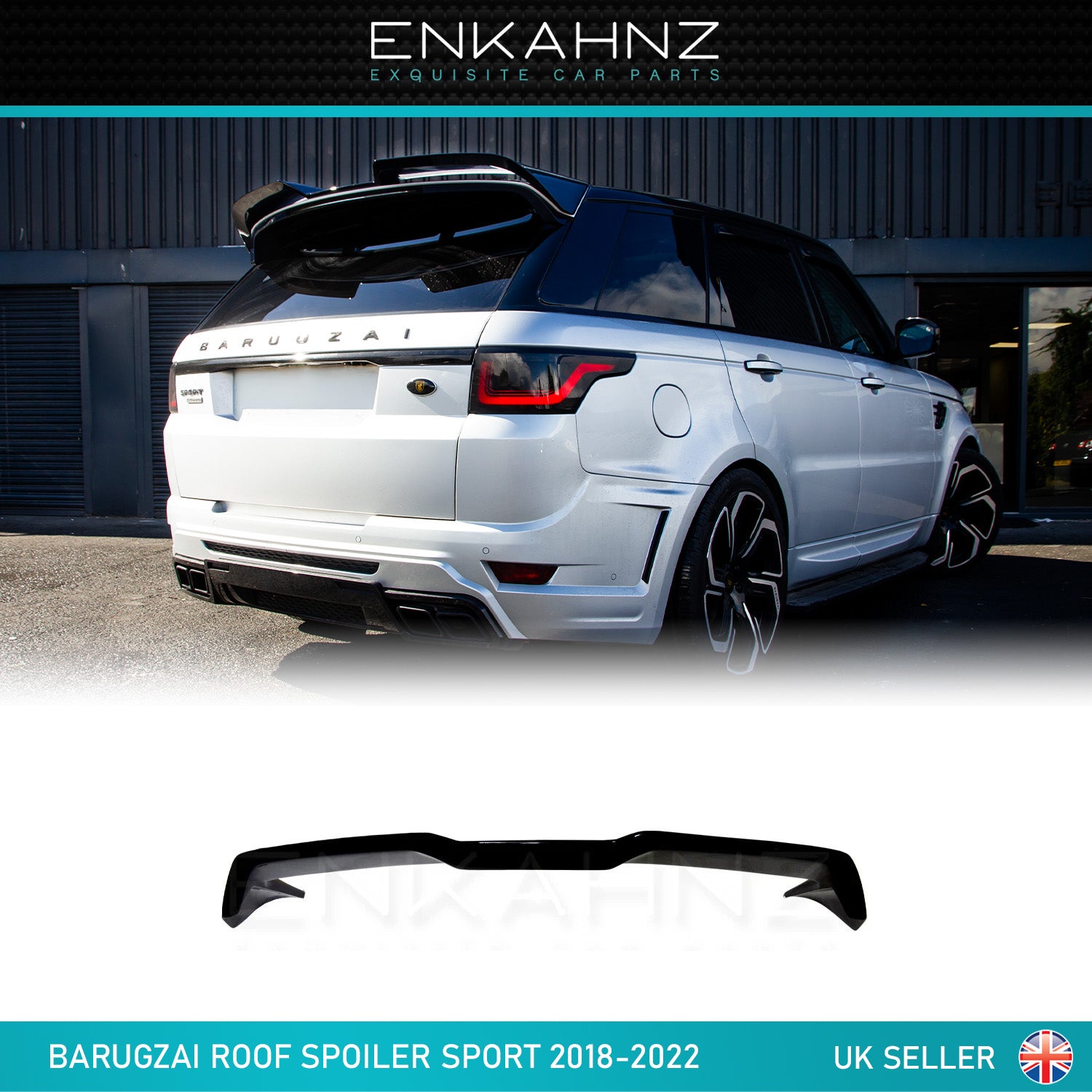 Lower rear quarter angle of white Range Rover Sport L494 facelift highlighting gloss‑black Barugzai rear roof spoiler.