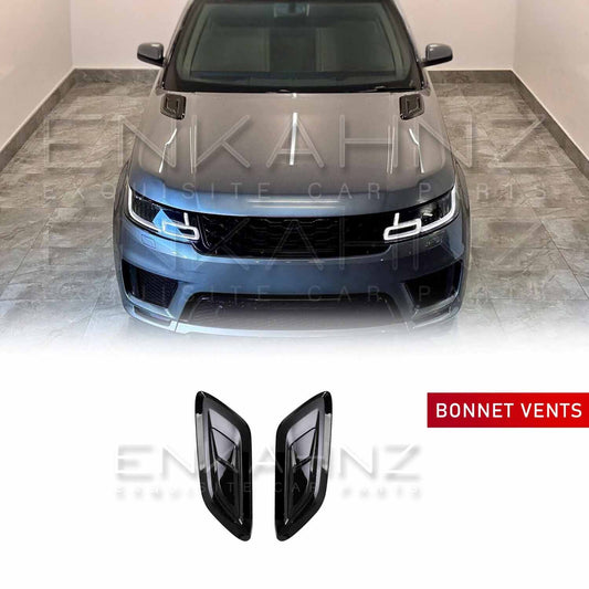 Top-down view of a grey Range Rover Sport (2013–2022) showing ENKAHNZ bonnet vents installed on both sides of the bonnet, highlighting their placement and sleek design.