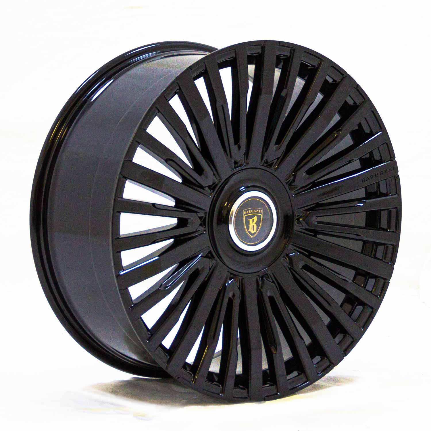Angle shot of Barugzai Casanova 22" finished in Gloss Black, on a white background 