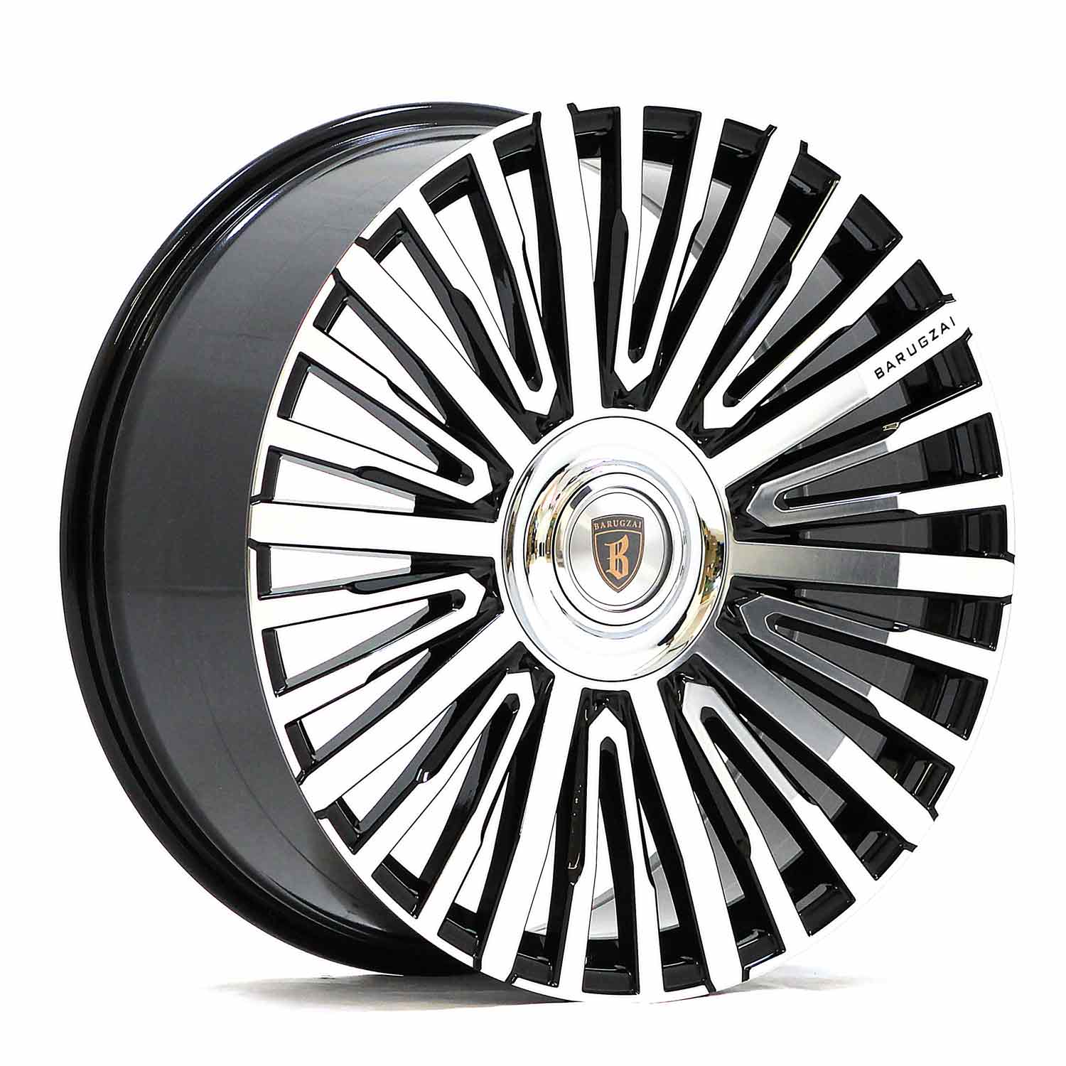 Angle shot of Barugzai Casanova 22" finished in Gloss Black Polished Face, on a white background 