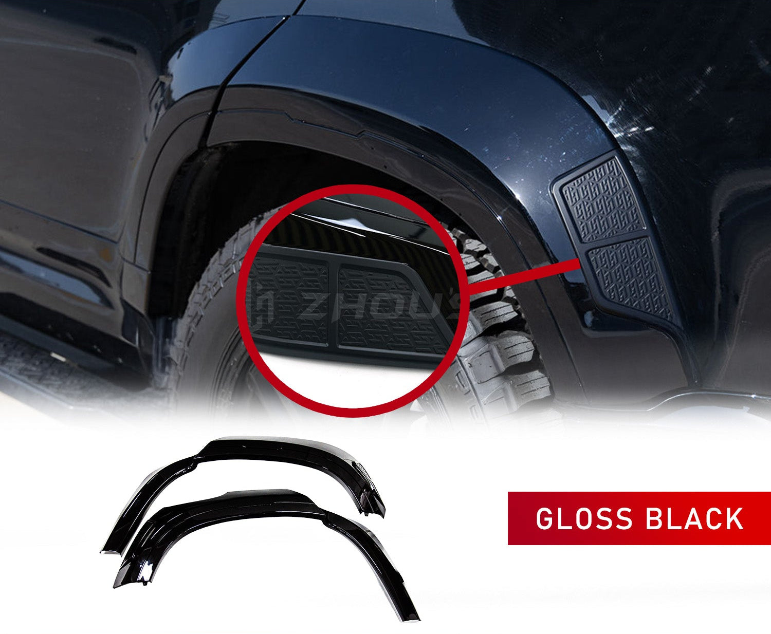 CLOSE UP of the BARUGZAI WIDETRUCK WHEEL ARCHES GLOSS BLACK FOR DEFENDER 110 L663 2020 with a zoom in circle showing the unique texture. The Wheel arches are in the bottom of the advert with a white background.